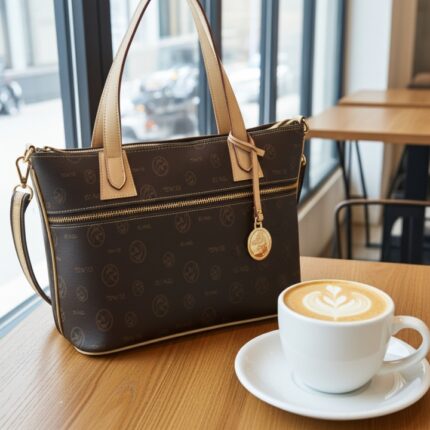 Bolso cesta mediano de mujer en lona y piel vacuno color marrón - E L P O T R O